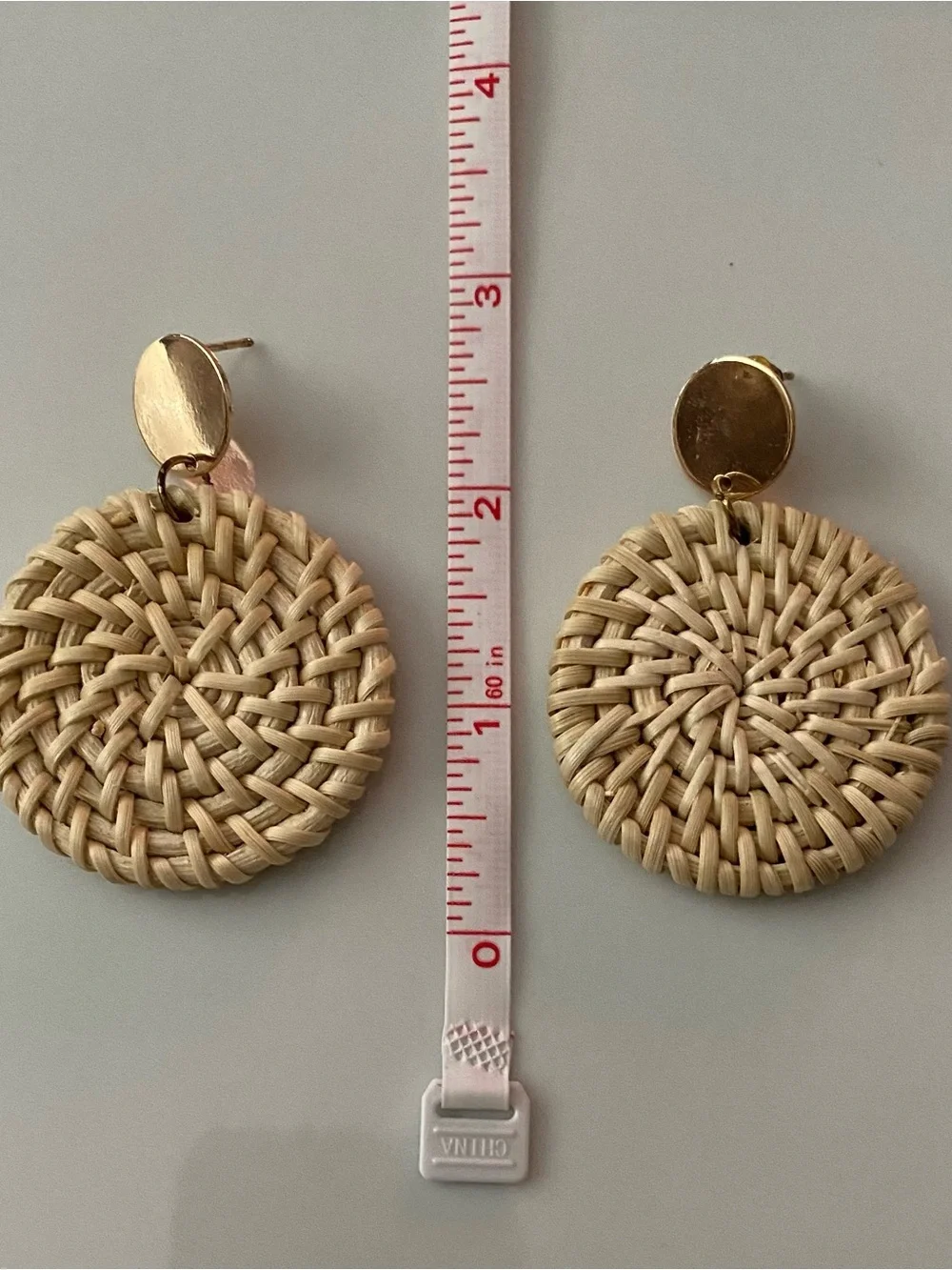 Woven Round Drop Earrings in Natural Straw with Gold Accents
